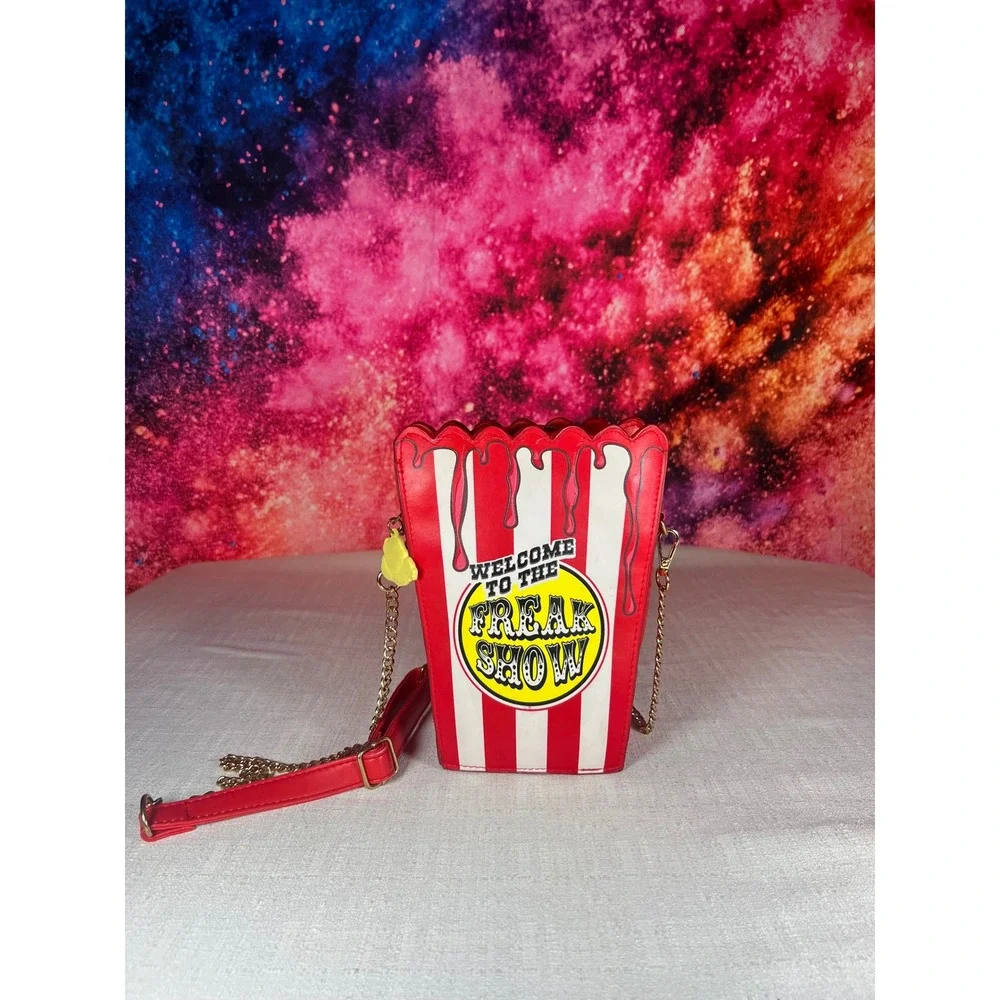 Welcome to the Freak Show Popcorn Box Crossbody Bag Red White Striped Novelty
